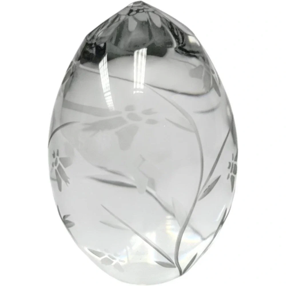 Vintage Frosted Floral Etched Glass Egg Paperweight Faceted Pointed Top Clear
